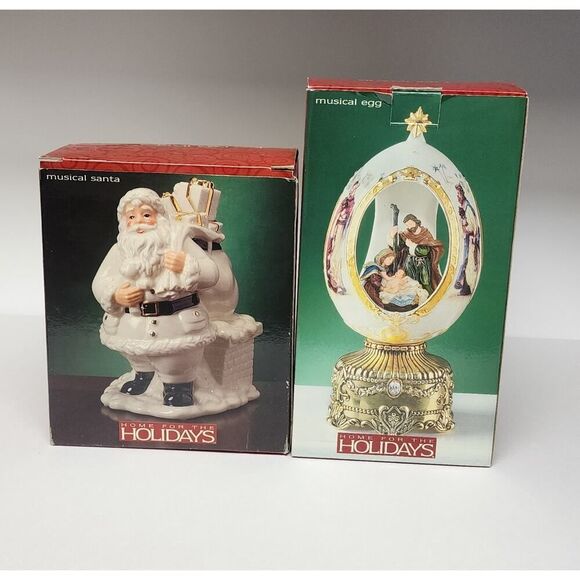 Home For The Holiday Porcelain Egg-Shaped Musical Box Revolving Nativity/Santa - Picture 3 of 16